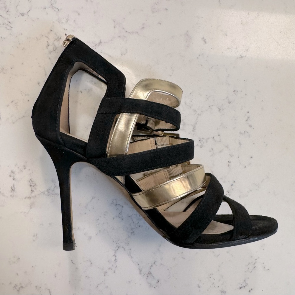 Jimmy Choo, Swede mule, high heel, black, gold, Size 34 (fits like 35.5)